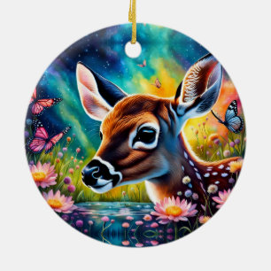 Fawn in Meadow Pond Ceramic Ornament