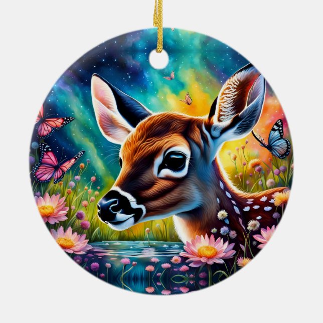 Fawn in Meadow Pond  Ceramic Ornament (Back)