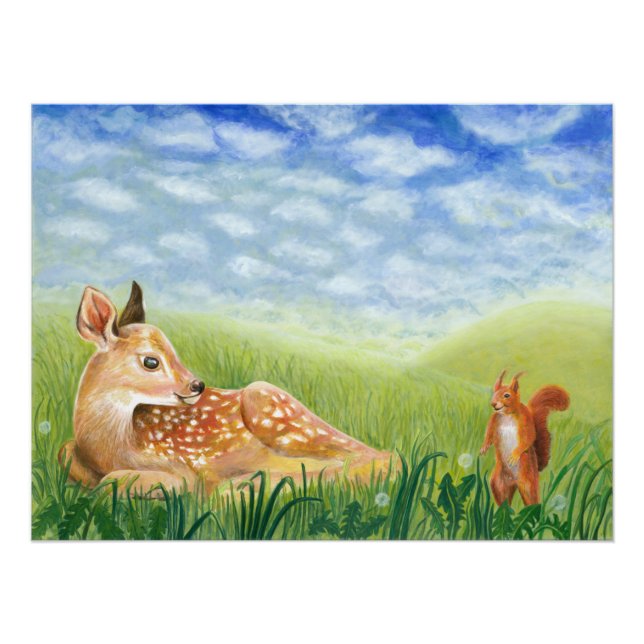 Fawn in the Grass Illustration Nursery Poster (Front)