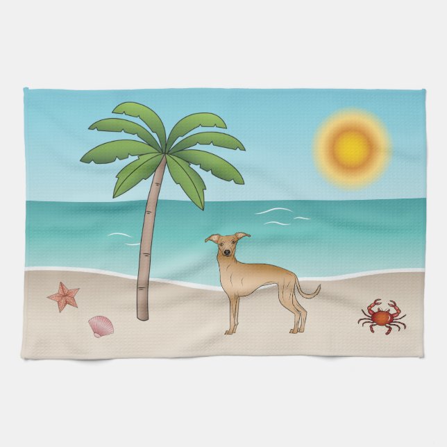 Fawn Italian Greyhound At Tropical Summer Beach Tea Towel (Horizontal)