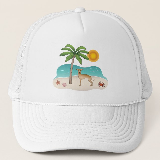 Fawn Italian Greyhound At Tropical Summer Beach Trucker Hat (Front)
