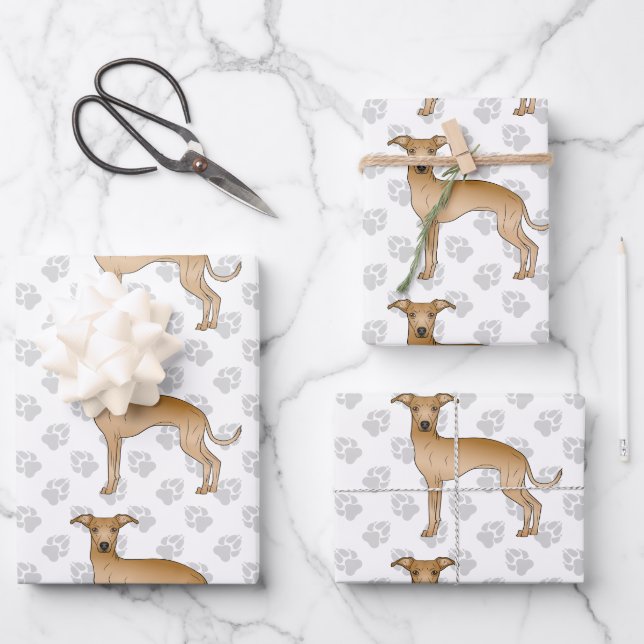 Fawn Italian Greyhound Cartoon Dogs With Paws Wrapping Paper Sheet (Front)