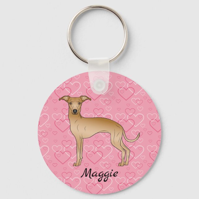 Fawn Italian Greyhound Cute Dog On Pink Hearts Key Ring (Front)