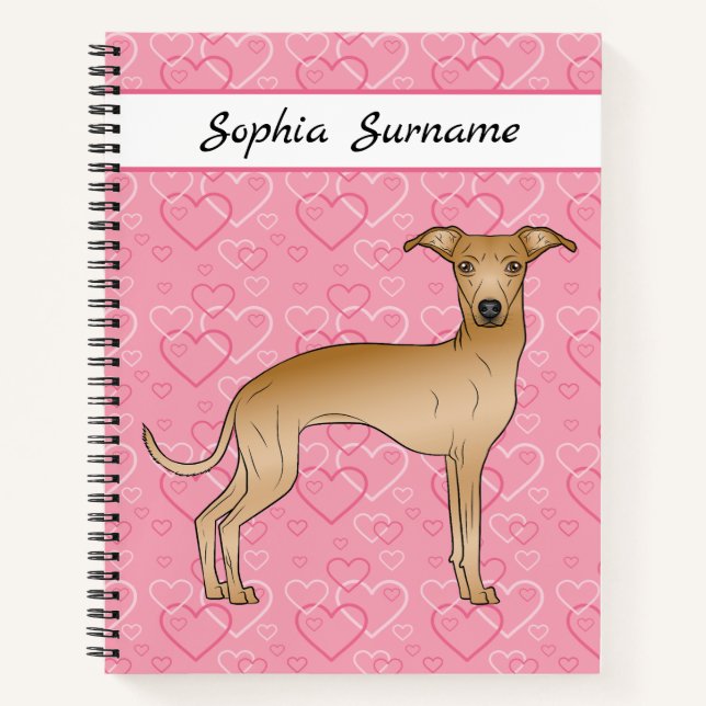 Fawn Italian Greyhound Cute Dog On Pink Hearts Notebook (Front)