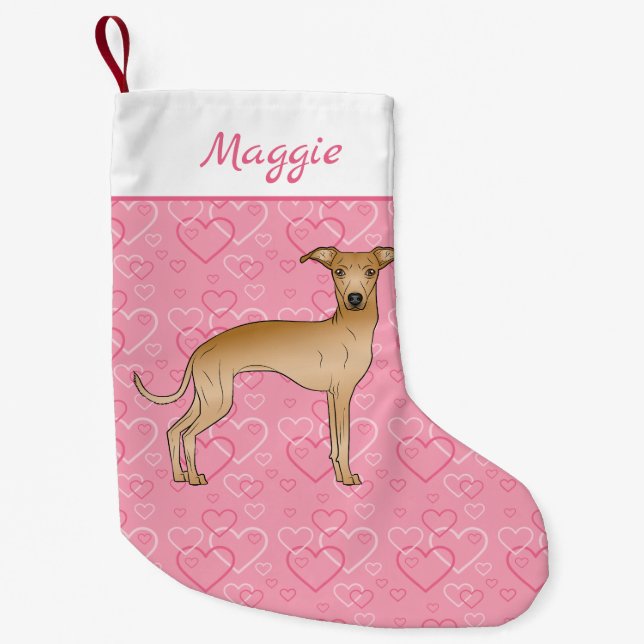 Fawn Italian Greyhound Cute Dog On Pink Hearts Small Christmas Stocking (Front)