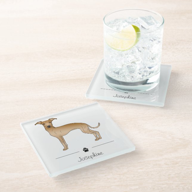 Fawn Italian Greyhound Cute Dog With Custom Text Glass Coaster (Angled)