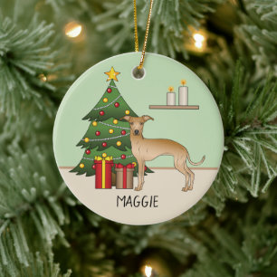 Fawn Italian Greyhound Dog With A Christmas Tree Ceramic Ornament