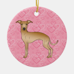 Fawn Italian Greyhound Pink Hearts Pet Memorial Ceramic Ornament