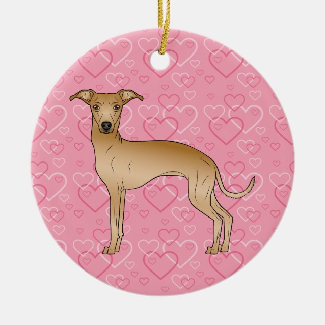 Fawn Italian Greyhound Pink Hearts Pet Memorial Ceramic Ornament (Front)