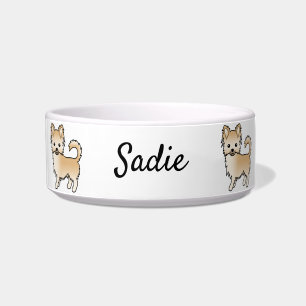 Fawn Long Coat Chihuahua Cartoon Dog & Name Bowl