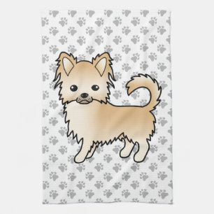 Fawn Long Coat Chihuahua Cartoon Dog & Paws Tea Towel