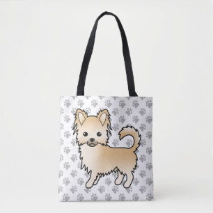 Fawn Long Coat Chihuahua Cartoon Dog & Paws Tote Bag