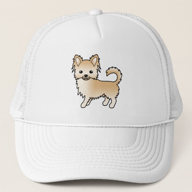 Fawn Long Coat Chihuahua Cute Cartoon Dog Trucker Hat (Front)