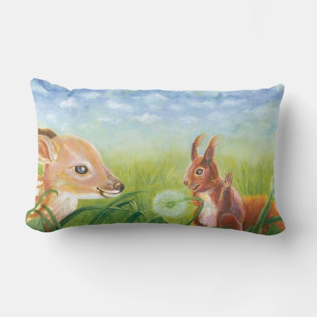Fawn lying in the grass and Squirrel Lumbar Cushion (Front)