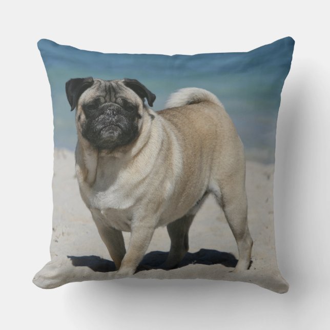 Fawn Pug at the Beach Cushion (Front)