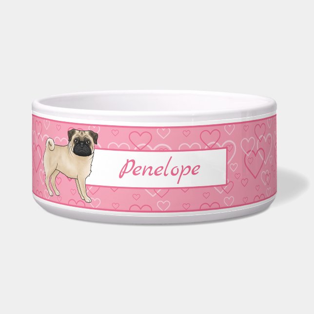 Fawn Pug Cartoon Mops On Pink Hearts With Name (Front)