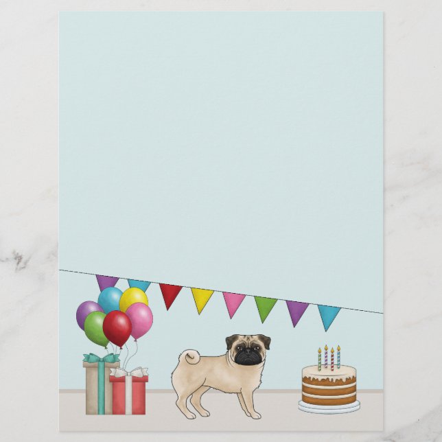 Fawn Pug Cute Cartoon Dog Colourful Birthday Custom Letterhead (Front)