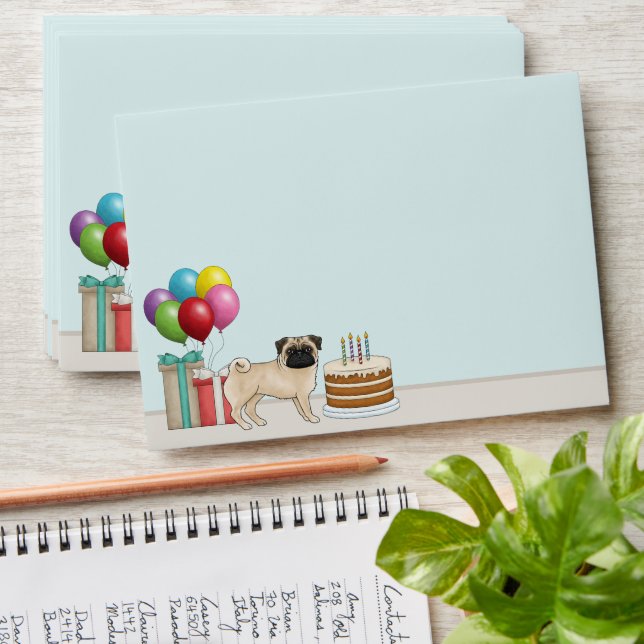 Fawn Pug Cute Cartoon Dog Colourful Birthday Envelope (Stacked)