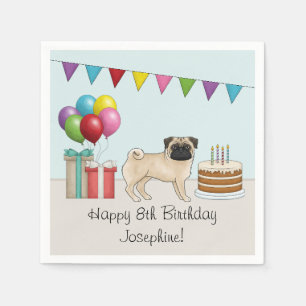 Fawn Pug Cute Cartoon Dog Colourful Birthday Napkin