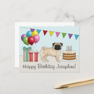 Fawn Pug Cute Cartoon Dog Colourful Happy Birthday Postcard