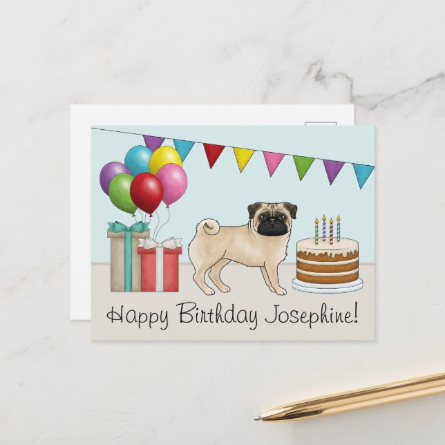 Fawn Pug Cute Cartoon Dog Colourful Happy Birthday Postcard (Front/Back In Situ)