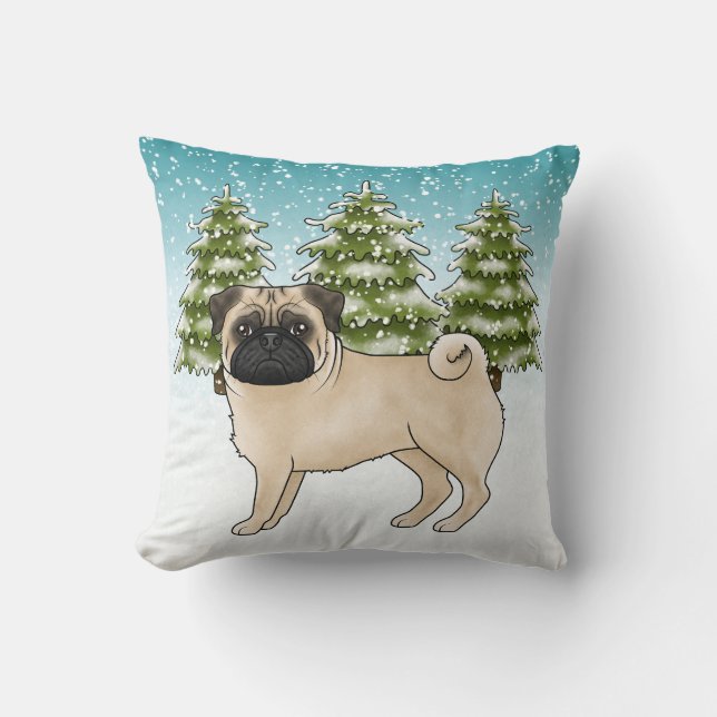 Fawn Pug Cute Cartoon Dog Snowy Winter Forest Cushion (Front)