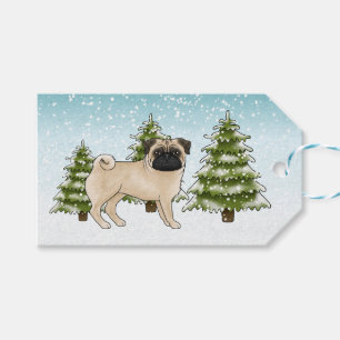 Fawn Pug Cute Cartoon Dog Snowy Winter Forest Gift Tags