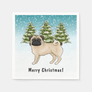 Fawn Pug Cute Cartoon Dog Snowy Winter Forest Napkin
