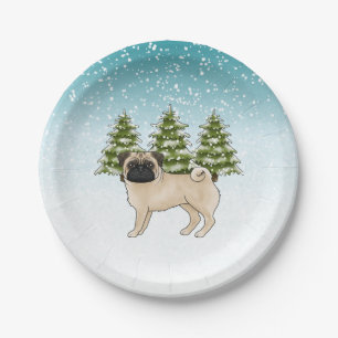 Fawn Pug Cute Cartoon Dog Snowy Winter Forest Paper Plate