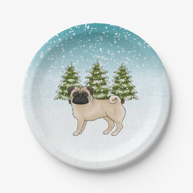 Fawn Pug Cute Cartoon Dog Snowy Winter Forest Paper Plate (Front)