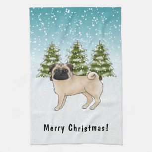 Fawn Pug Cute Cartoon Dog Snowy Winter Forest Tea Towel