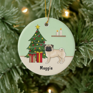 Fawn Pug Cute Cartoon Dog With A Christmas Tree Ceramic Ornament