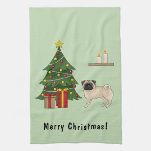 Fawn Pug Cute Cartoon Dog With A Christmas Tree Tea Towel
