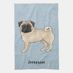 Fawn Pug Cute Cartoon Dog With Custom Name Blue Tea Towel