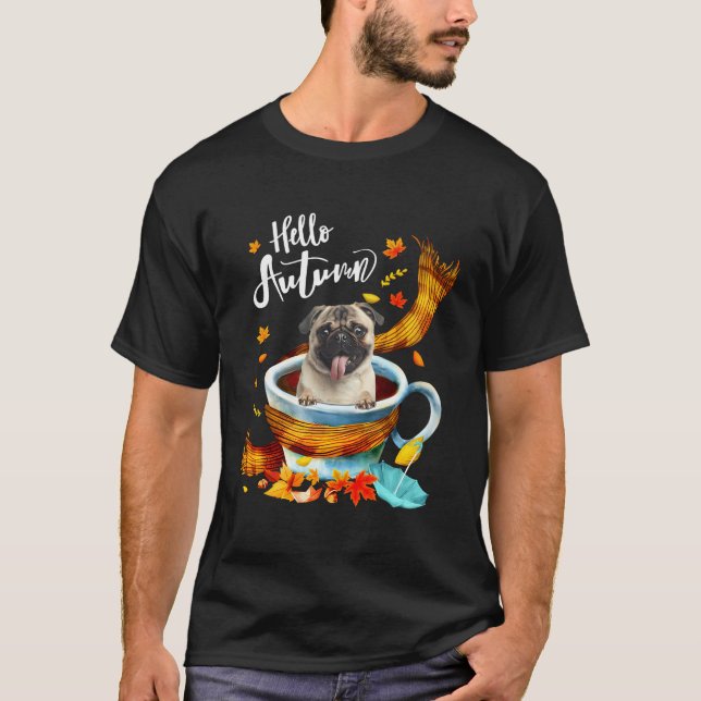 Fawn Pug Dog Autumn Coffee Hello Autumn Fall Leaf T-Shirt (Front)