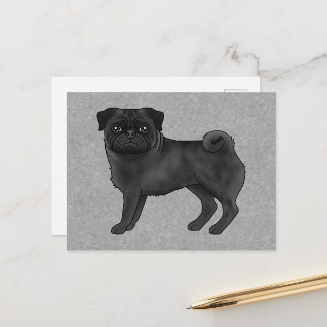 Fawn Pug Dog Canine Cute Cartoon Illustration Blue Postcard (Front/Back In Situ)