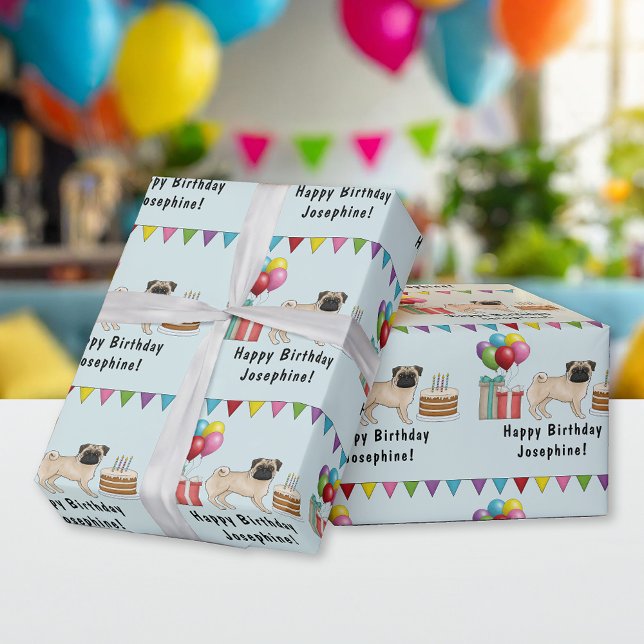 Fawn Pug Dog Cartoon Mops Colourful Happy Birthday Wrapping Paper (Creator Uploaded)