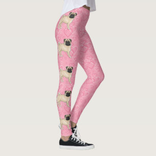 Fawn Pug Dog Cartoon Mops Love Heart Pattern Pink Leggings
