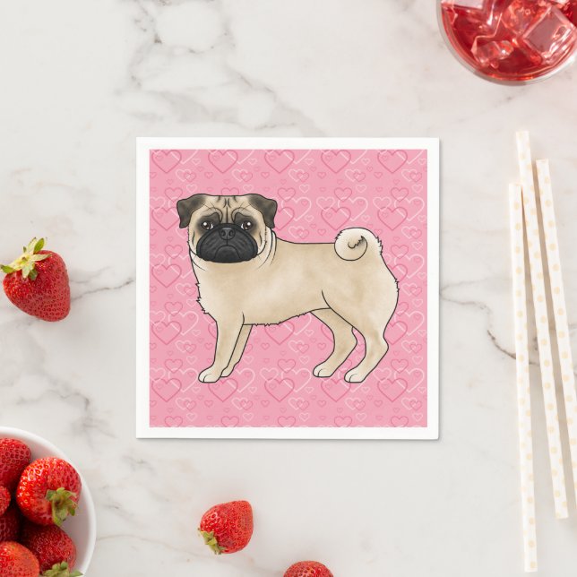 Fawn Pug Dog Cartoon Mops Love Heart Pattern Pink Napkin (Insitu)