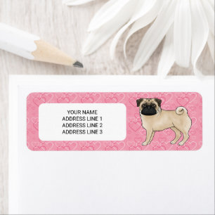 Fawn Pug Dog Cartoon Mops Love Heart Pattern Pink Return Address Label
