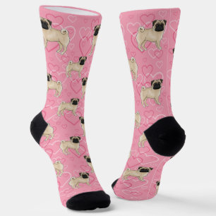 Fawn Pug Dog Cartoon Mops Love Heart Pattern Pink Socks