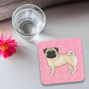 Fawn Pug Dog Cartoon Mops Pink Love Heart Pattern Coaster