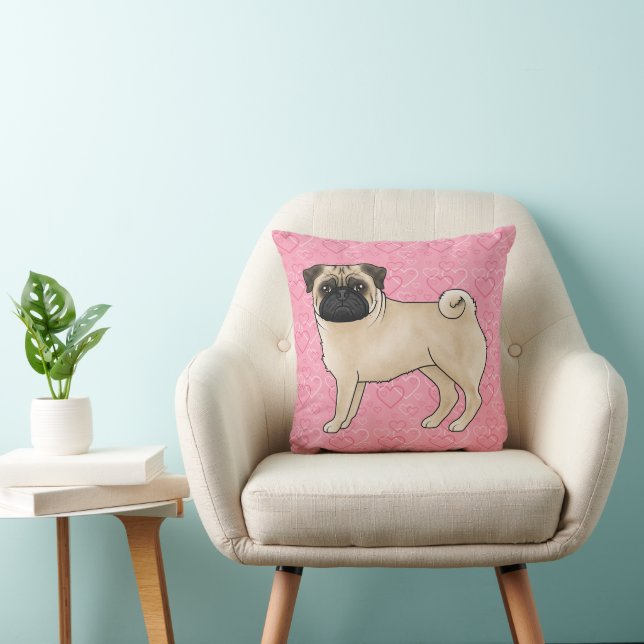 Fawn Pug Dog Cartoon Mops Pink Love Heart Pattern Cushion (Chair)