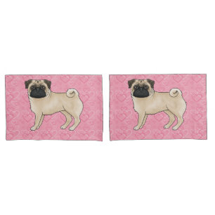 Fawn Pug Dog Cartoon Mops Pink Love Heart Pattern Pillowcase