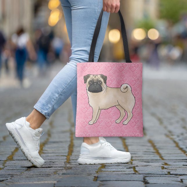Fawn Pug Dog Cartoon Mops Pink Love Hearts Pattern Tote Bag (Please note: This image is a digital mockup. The product may not be in scale.)