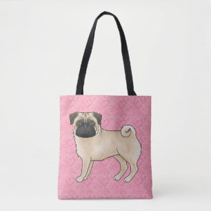 Fawn Pug Dog Cartoon Mops Pink Love Hearts Pattern Tote Bag