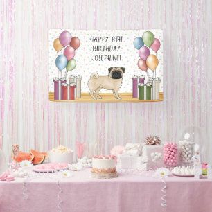 Fawn Pug Dog Colourful Pastels Happy Birthday Banner