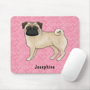 Fawn Pug Dog Cute Mops And Pink Hearts With Name Mouse Pad
