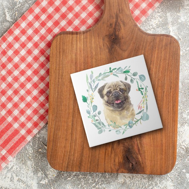 Fawn Pug Dog Green Wreath Ceramic Tile (Creator Uploaded)