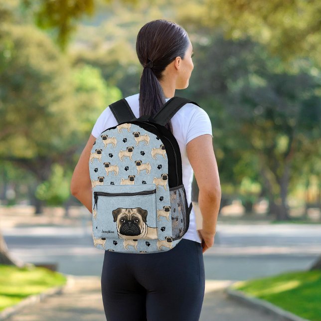 Fawn Pug Dog Mops Design Pattern With Name Blue Printed Backpack (Please note: This image is a digital mockup. The product may not be in scale.)